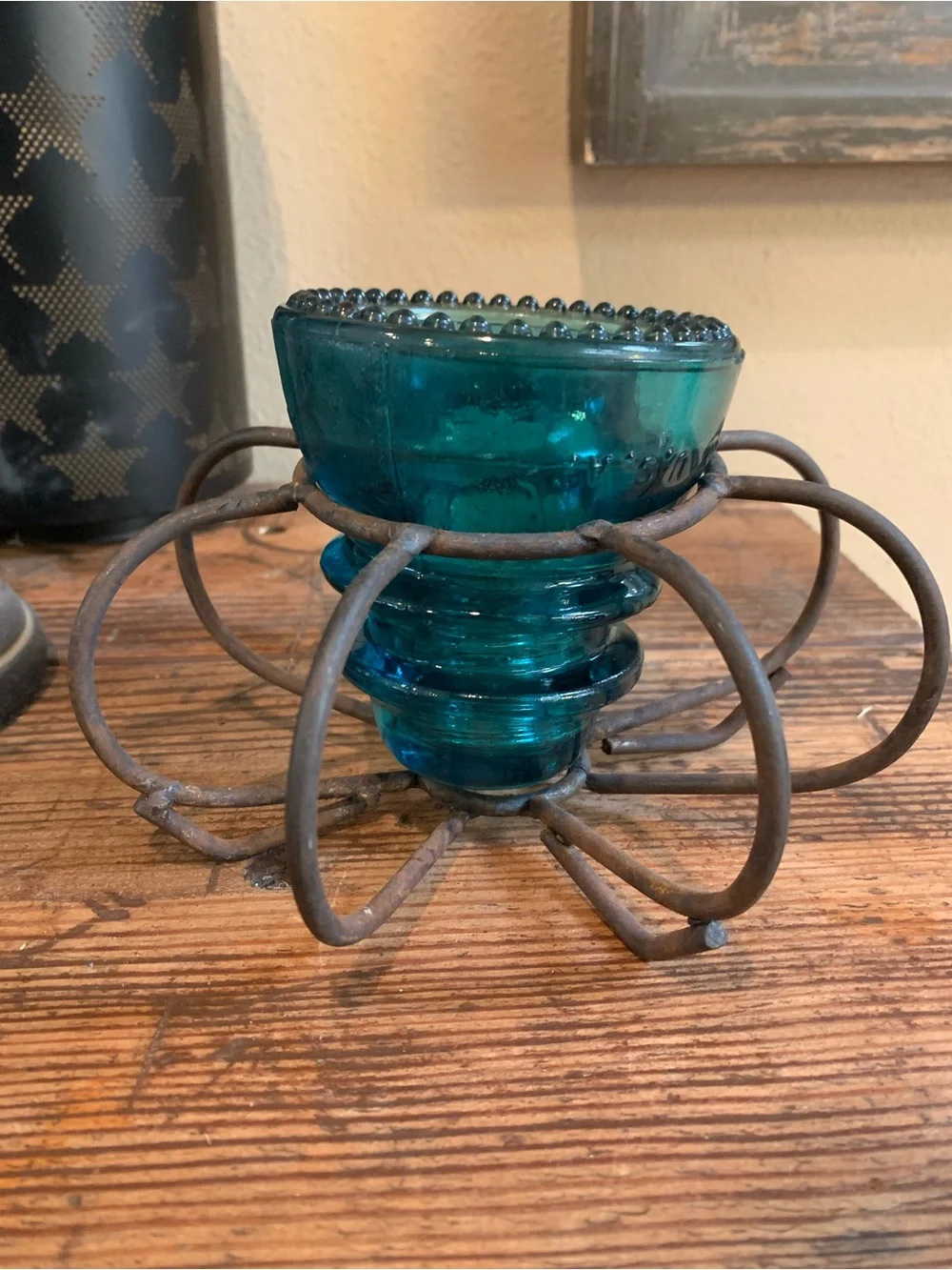 antique real insulator crafted to a Rustic Metal candle Holder /plant propegator